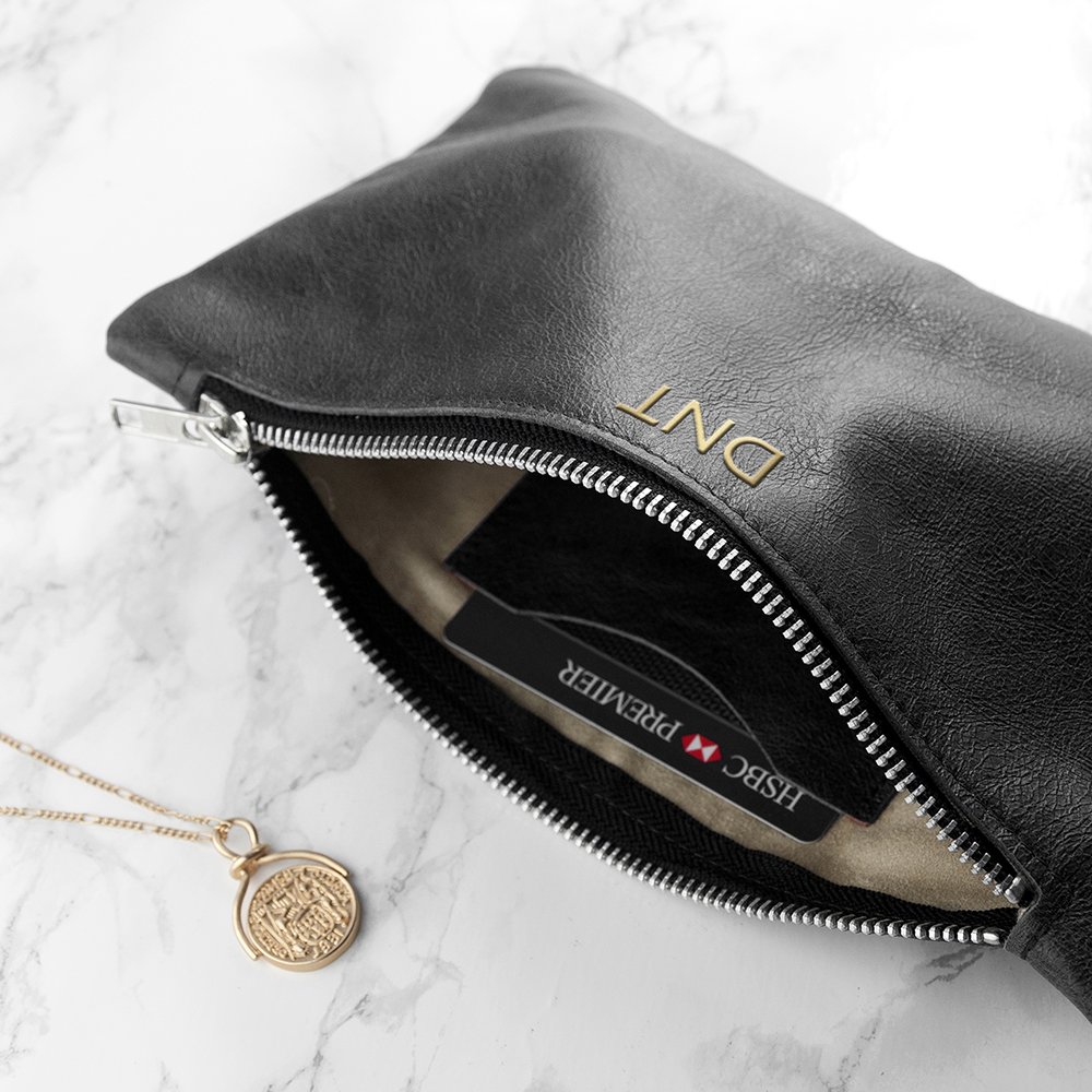 Personalised Monogrammed Black Leather Clutch Bag | Yes Please!