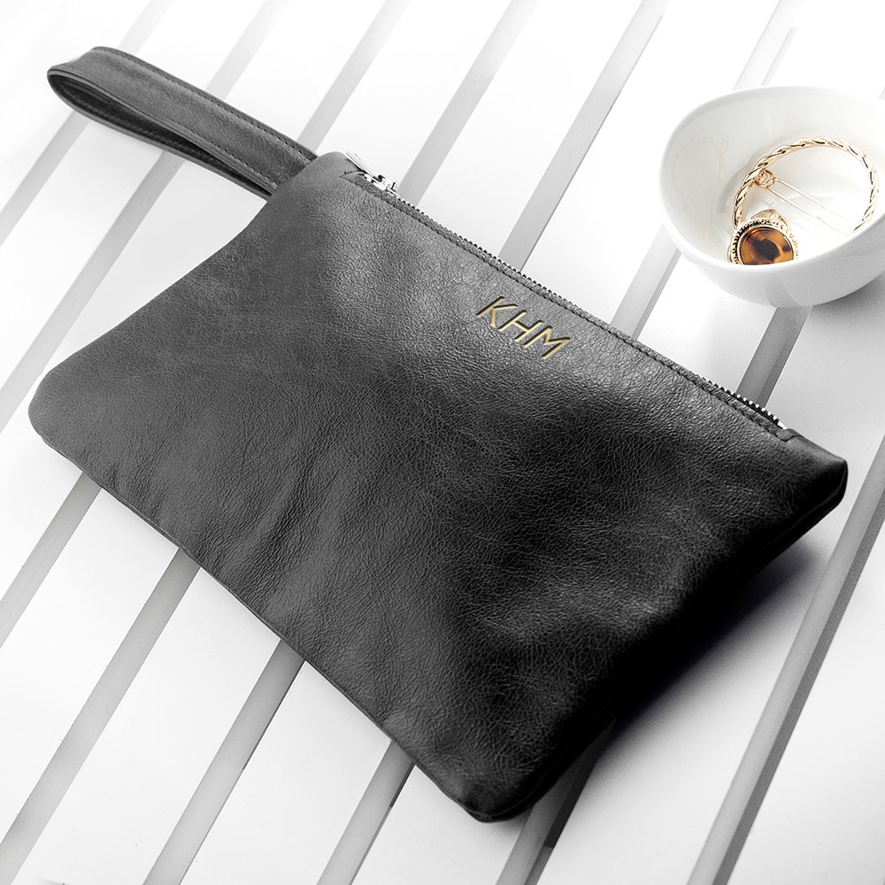 Personalised Monogrammed Black Leather Clutch Bag | Yes Please!